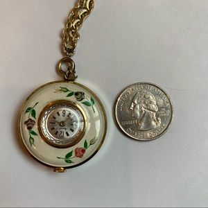 Cream Colored Hand Painted Floral Pendant Watch on Chain, Winds Up Vintage 79’s